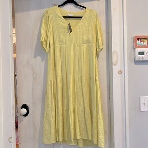 J. Jill Women's Yellow Pineapple Jacquard Tiered V Neck Cotton Rayon Dress